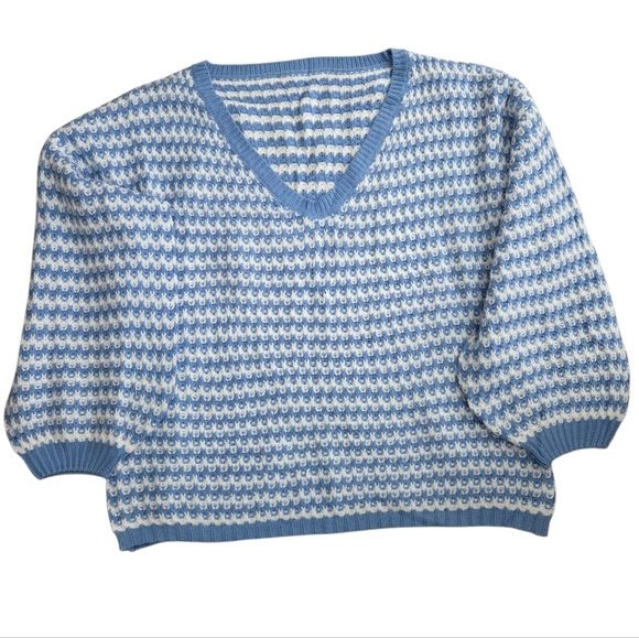Blue and White V-Neck Striped Sweater - Picture 1 of 6